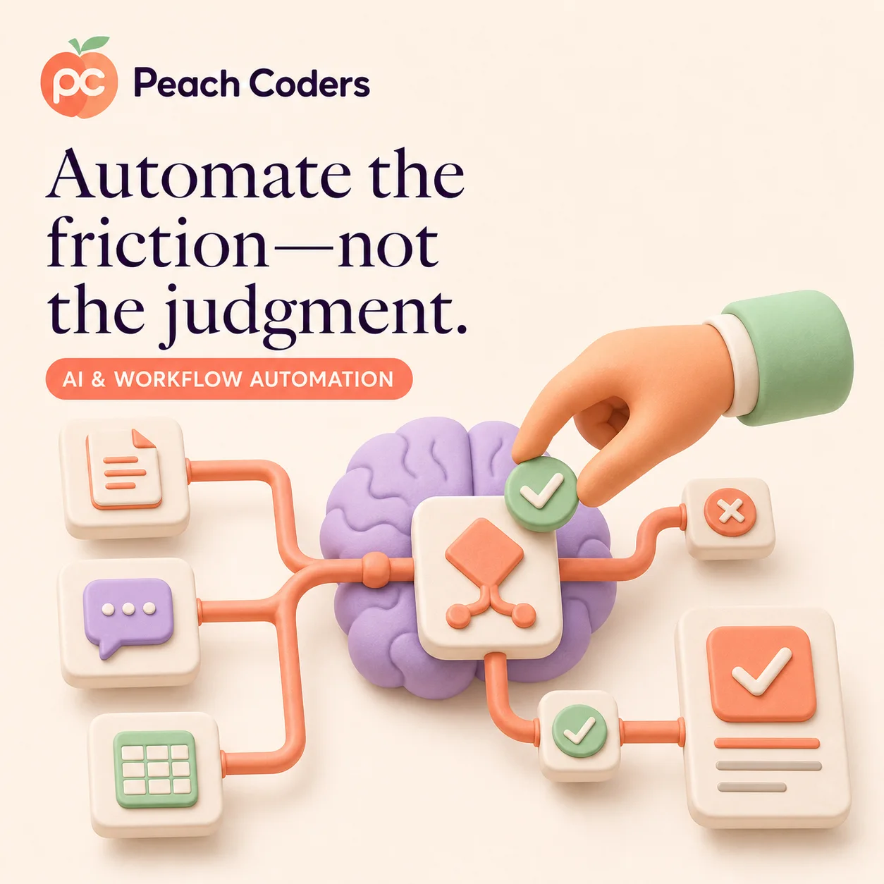 A tactile 3D Peach Coders illustration of an AI-assisted workflow with connected review steps