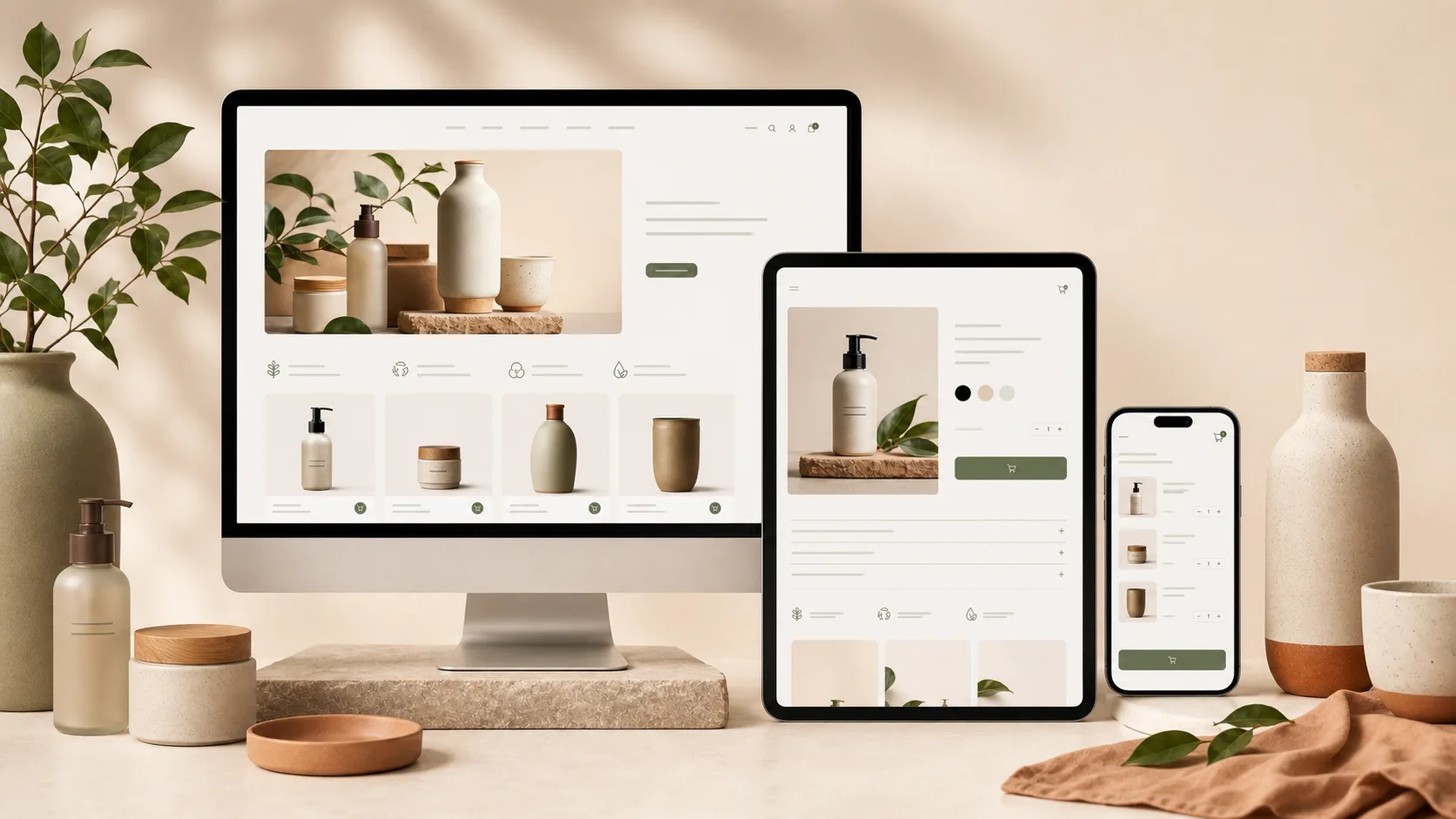 Leaf and Co. commerce views showing the storefront, product detail and mobile cart experience