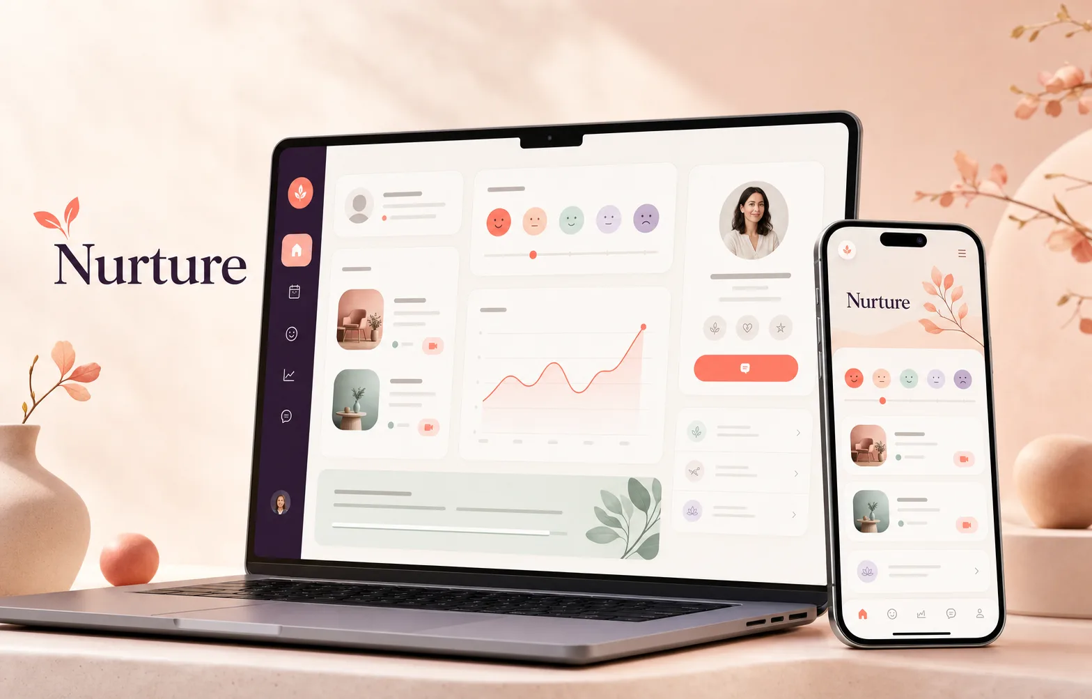 Nurture wellness app shown across phone screens with habit tracking and daily check-in views