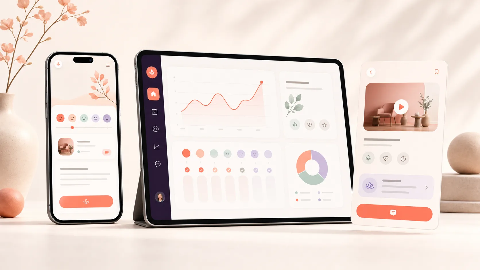 Nurture product views showing a daily check-in, wellness insights and guided content across mobile and dashboard screens