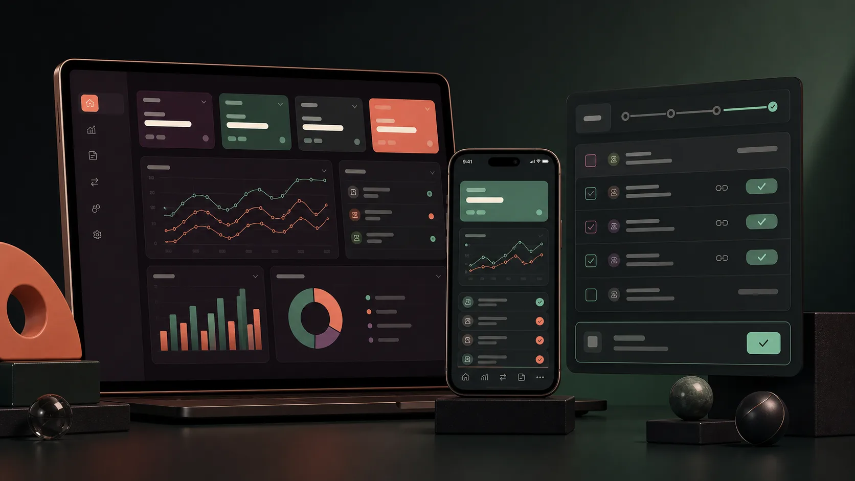 PeakFlow product views showing operations dashboards, mobile reporting and reconciliation workflows